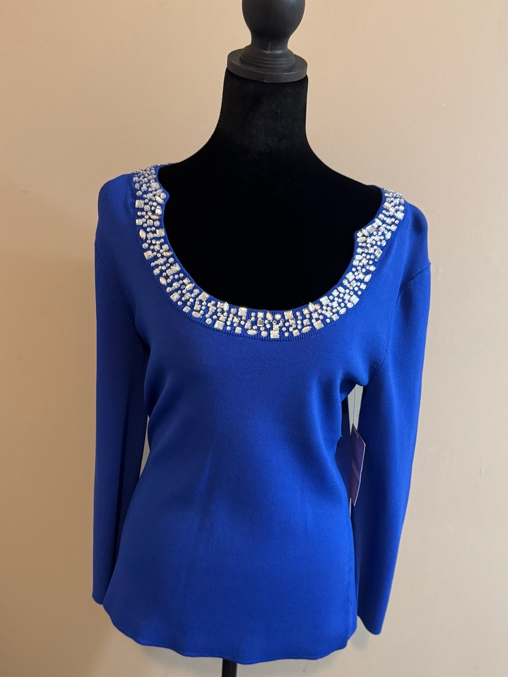 Cable & Gauge Electric Blue Knit Top with Embellished Neckline